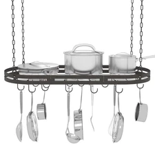 33” Hanging Pot Rack Ceiling Mount, Black Metal Pan Rack Hanging with 15 Hook...
