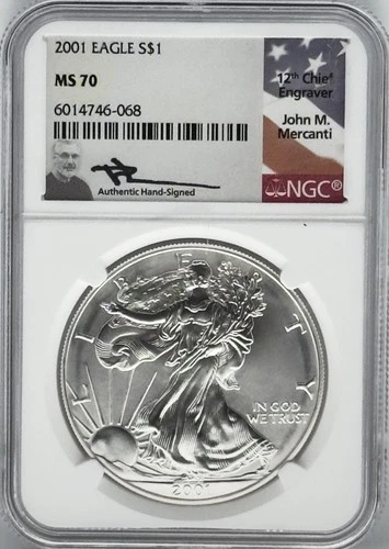 2001 Silver Eagle NGC MS70 Mercanti Signed Flag Label