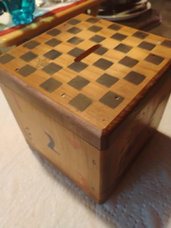 VINTAGE WOODEN CUBE CHILDS BANK
