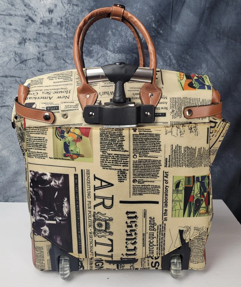 Vintage Style Rolling Tote Bag Travel Luggage Newspaper Print - Image 2 of 4