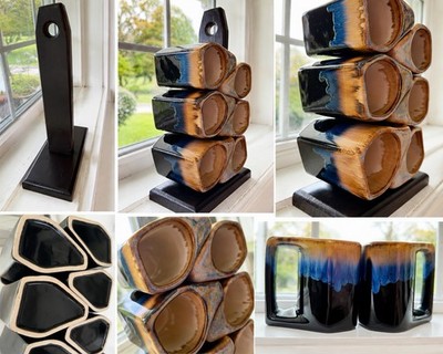 Vintage Rodolfo Padilla Pottery Set 6 Stacking Mugs + Wood Stand Signed Mexico