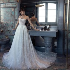 Spaghetti Straps Polka Dot Wedding Dress Beaded Backless Sweep Train Bride Gown