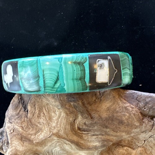 Vintage Malachite Inlay Green Stone 2.7 Oz Bangle Bracelet 1/2” Wide - Picture 7 of 9