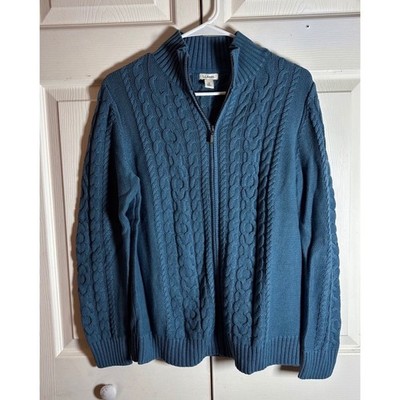 LL Bean Mens Blue Cotton Cable Knit Full Zip Cardigan Sweater Mock Neck Medium