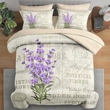 Comforter Set King Size, Vintage Lavender Flower 7 Pcs Bedding for Kids and