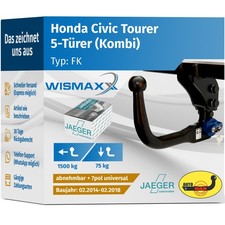 ANHÄNGERKUPPLUNG vert. abnehmbar für Honda Civic Tourer 14-18 +7pol E-Satz ABE