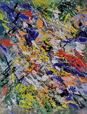 Lively and eye moving 14"x11" painting "Coming Undone" Red White Green Yellow