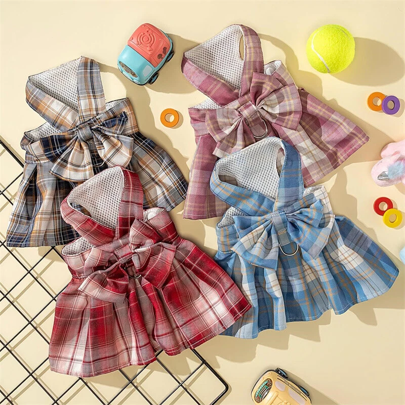 Small Pet Dog Plaid Bow Skirt Vest Dress Clothes Puppy Cat Harness + Leash Set - Image 3 of 4