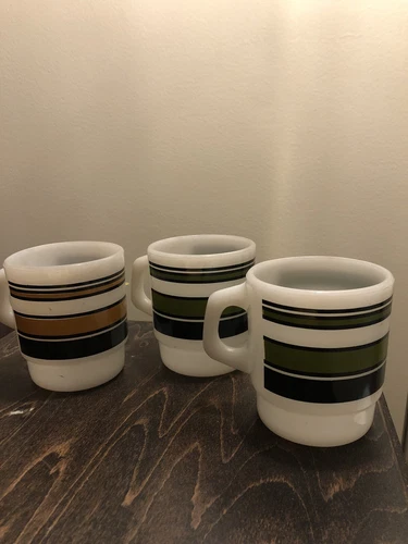 Fire King Anchor Hocking Green Yellow Black Stripe Glass stack Coffee Mugs Cups