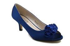 WOMENS LADIES LOW MID KITTEN HEEL PEEP TOE SATIN FLOWER BRIDAL WEDDING PARTY