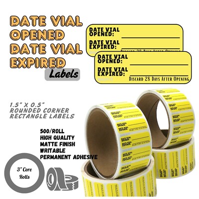 Date Vial Opened Date Vial Expired Labels, 1.5'' x 0.5'' (Yellow, 500/roll)