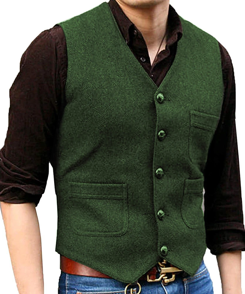 Mens Waistcoats Vest Herringbone Tweed Vintage Formal Wedding