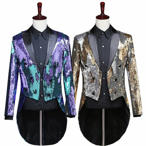 Men Reversible Two Tone Sequin Suit Jacket Peak Lapel Tuxedo Tailcoat Outfit Top - Picture 3 of 13
