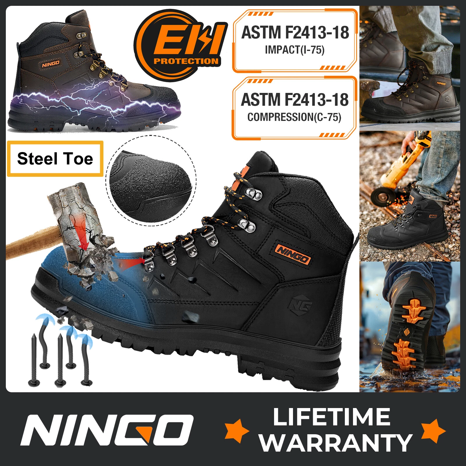 NINGO Men's Steel Toe Work Boots Leather Industrial & Construction Safety Boots
Opens in a new windo