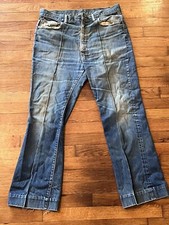 Vintage Early 70s Levis Pintucked Legs Small e 2 Lemon Thread Flare Jeans