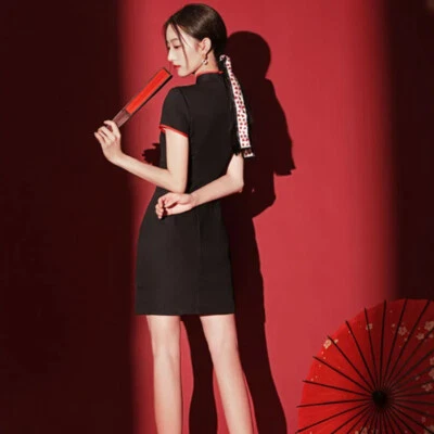 Women Chinese Traditional Cheongsam Bomber Dress Frog Button Short Qipao Slit - Image 1 of 4