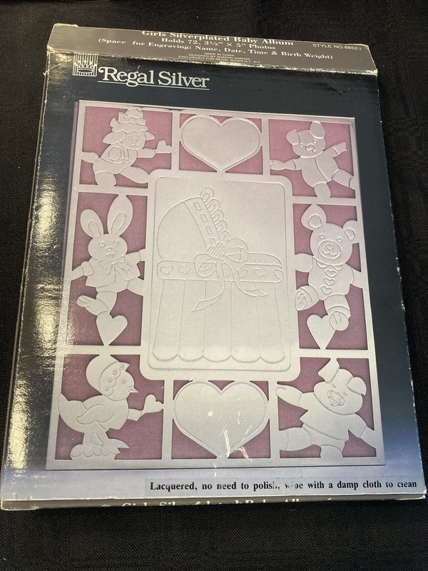 NIB Silver Plated Girls Baby Photo Album Book holds 72 3.3”x5” photos vintage