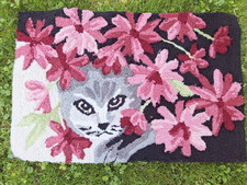Fun Cat and Floral Hooked Rug 28.5"x18.5"