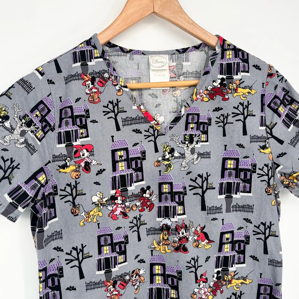 Disney Women's Gray Halloween Mickey Minnie Pluto Scrub Top Size XS - Image 4 of 4