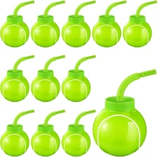 12 Sets Tennis Ball Party Cups with Straws and Lids 10oz Plastic Cups Bulk fo...