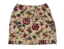 Talbots Vintage Floral Print Straight Skirt Beige Burgundy Green Stretchy Sz 12