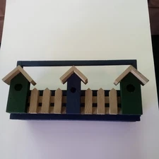 Dark Blue Wooden Caddy/Plant Holder With Handle And Three Decorative Bird Houses