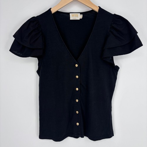 Nation LTD Maria Flutter Sleeve Top Womens Small Black Button Front Cotton