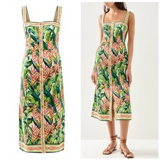 FARM RIO Heli Leaves Pearl 100% Linen Midi Dress Size Small Green Multicolor NWT