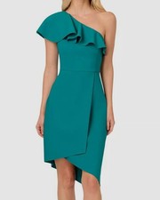 Adrianna Papell Women's Green Ruffle-Trim Asymmetric-Neck Dress Size 4