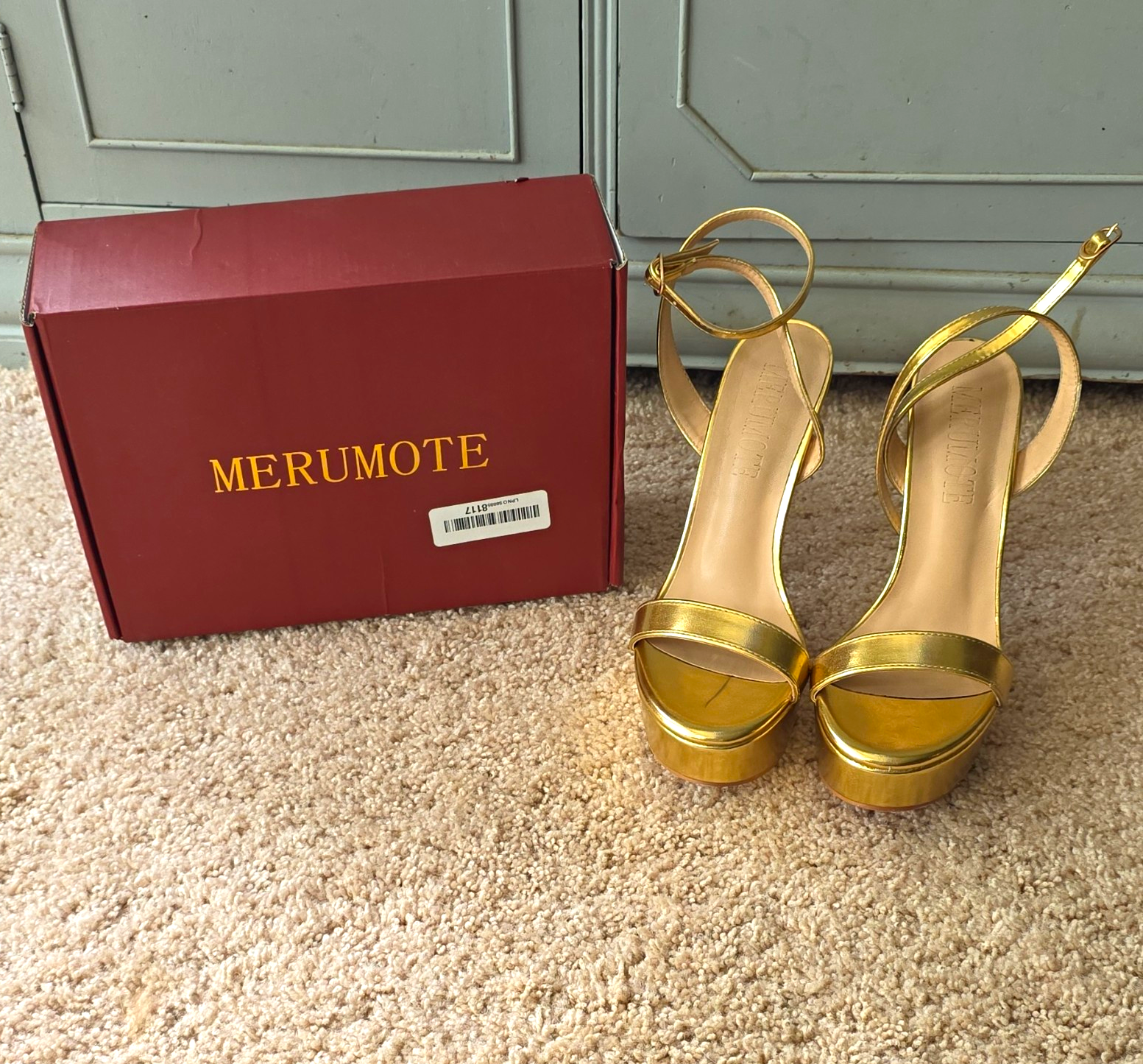 MERUMOTE Gold Strappy Platform Ankle Strap Stiletto Heels 8.5