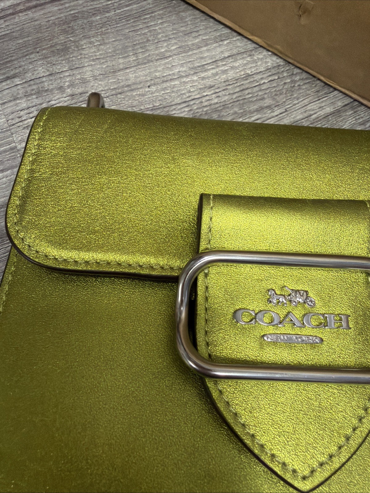 COACH Morgan Square  Cross Body Bag Metallic Citrine Green Leather BNWT Damage image 2