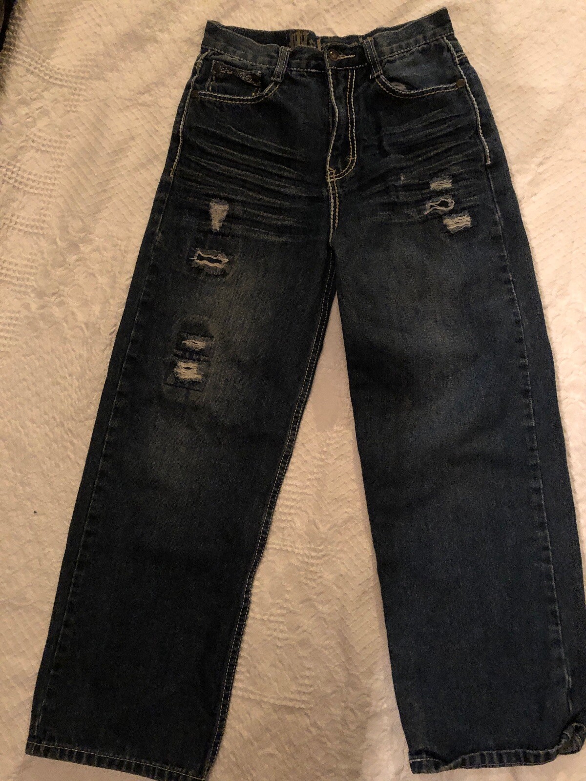 Makaveli Boys Denim Blue Jeans Med Wash Size 14 Distressed Flap Pockets
