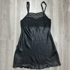 Black Satin Mini Slip Dress With Lace Detail - SIZE M