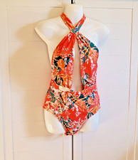 Modcloth Womens One-Piece Halter Swimsuit Size Medium Orange Floral Bethany NWOT