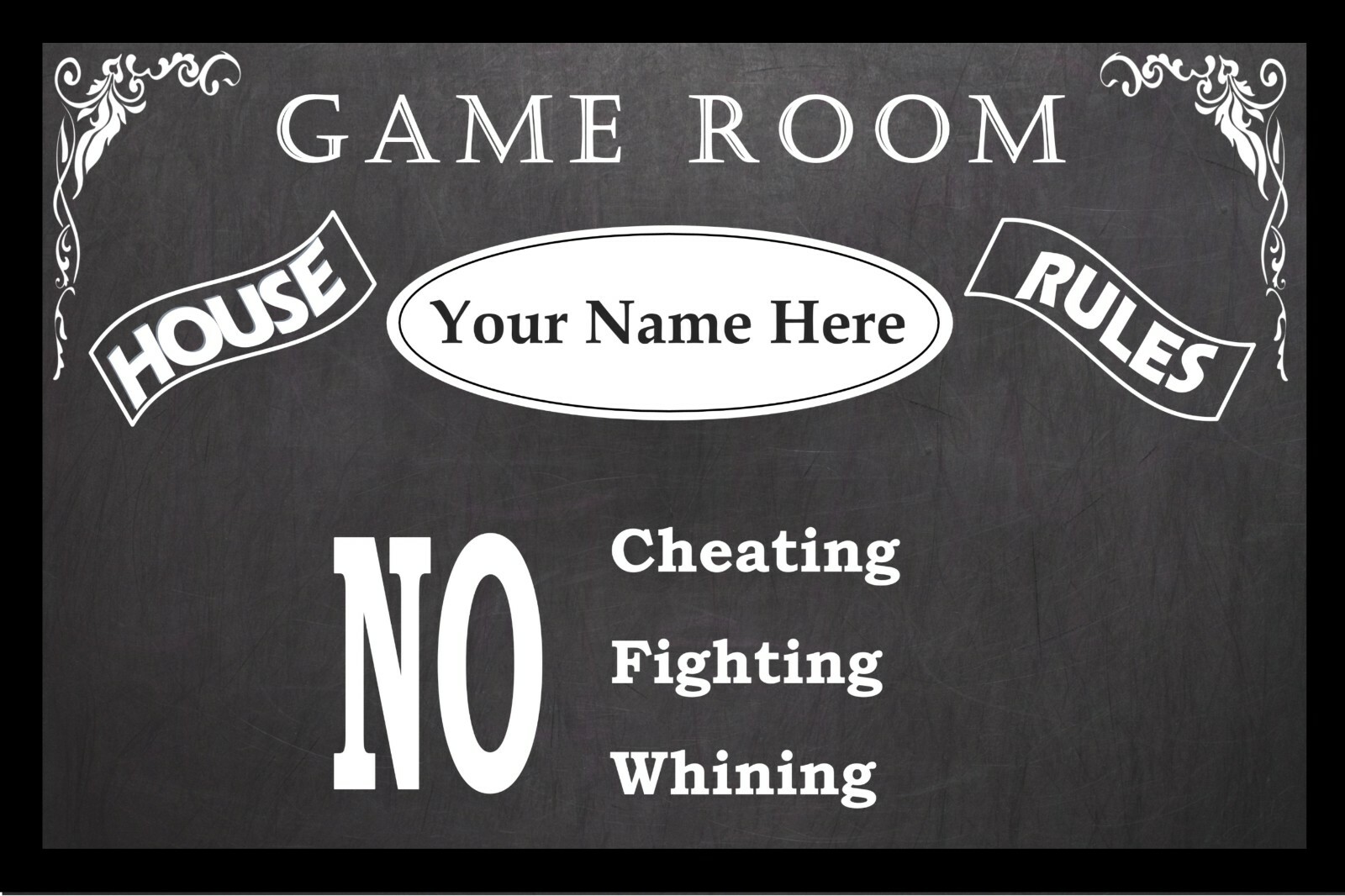 PERSONALIZED VINTAGE CHALKBOARD LOOK GAME ROOM HOUSE RULES POSTER - FRAMED