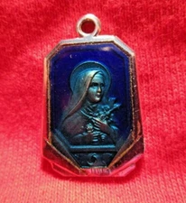 St Therese & St Christopher Medal Silvertone Blue Resin Octagonal