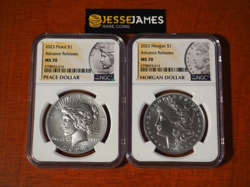 2023 $1 SILVER PEACE & MORGAN DOLLAR NGC MS70 ADVANCE RELEASES LABEL 2 COIN SET