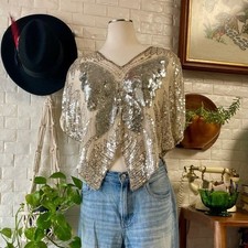 Vintage 1970s Metallic Disco 100 Silk Sequin  Beaded Butterfly Flowy Top