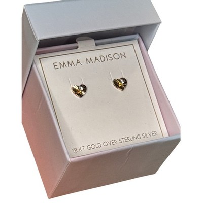 Emma Madison Sterling Silver 18K Gold Plated Heart Stud Earrings Crystal Accent