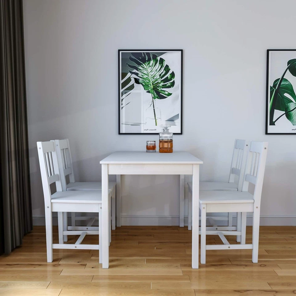 Solid Pine Wood Dining Table Set 5pcs White Kitchen Chairs Rectangular - Image 2 of 4