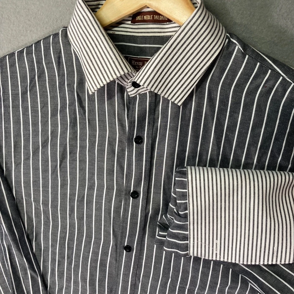 Henri Picard 男式灰色条纹纽扣礼服衬衫 17 1/2 36/37 — 第 2/4 张图片