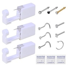 Nose piercing kit 3 pack self piercing gun disposable safety rings and studs