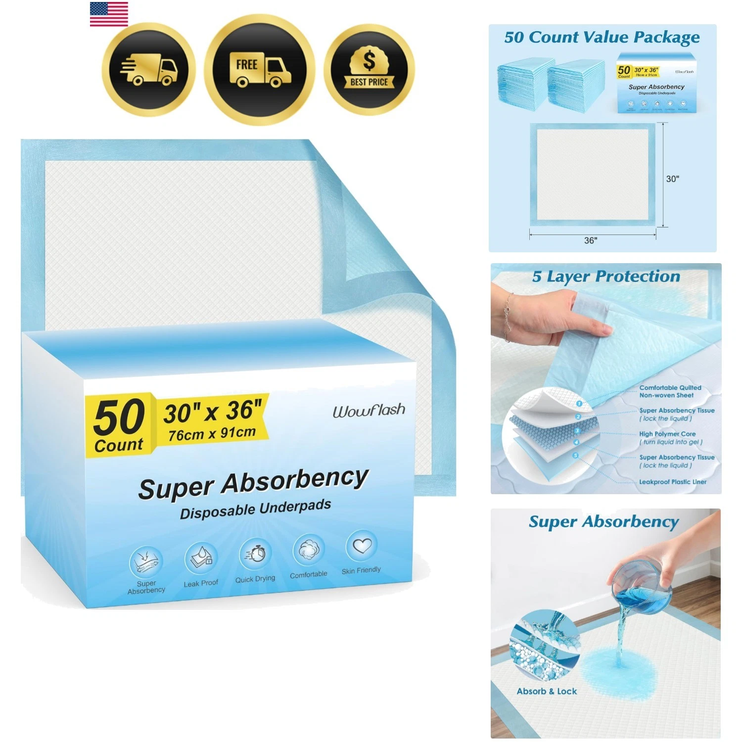 Super Absorbency Disposable Leakproof Underpads with Quick Drying for Baby, A...