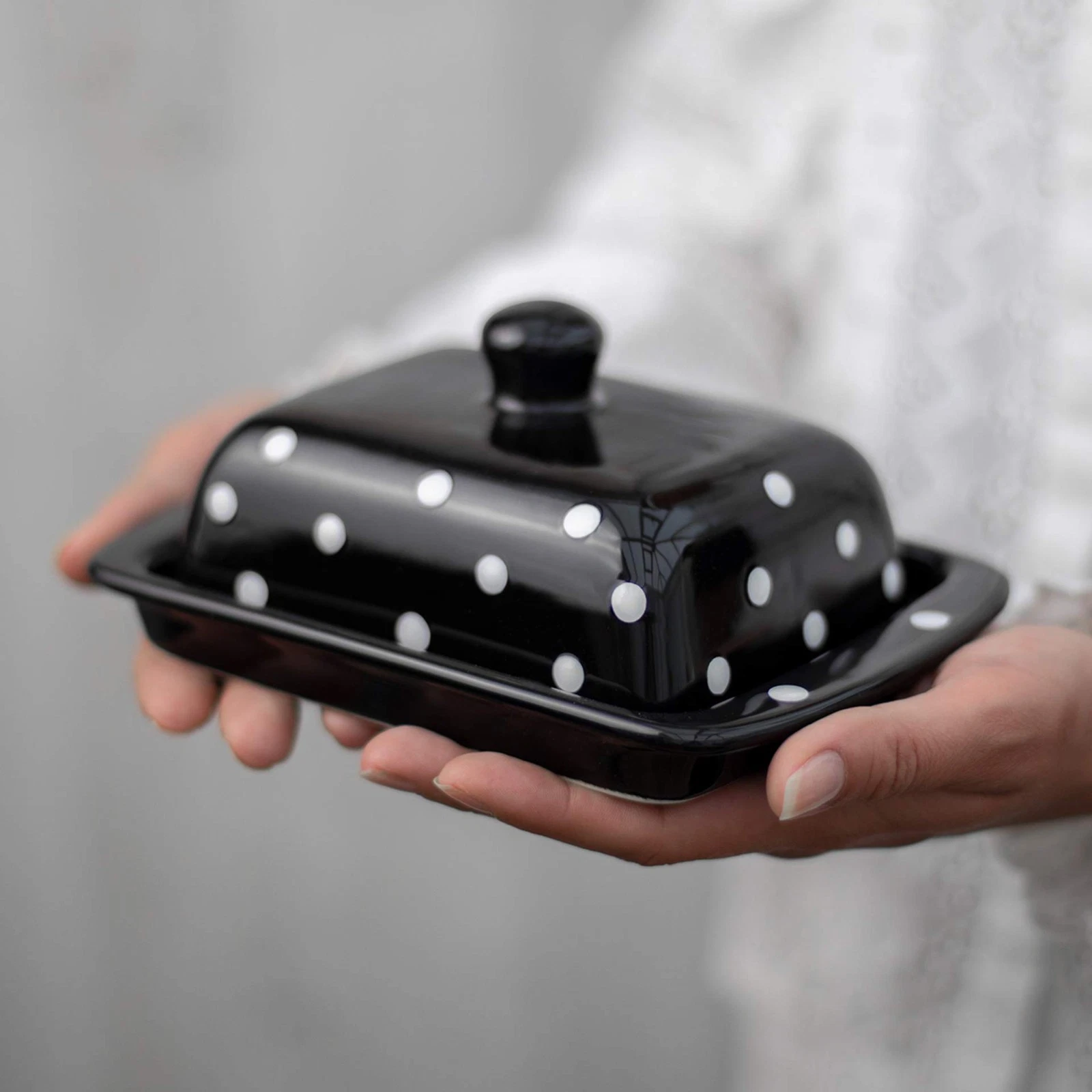 Large Ceramic Butter Dish with Lid Black White Polka Dot Countertop Keeper