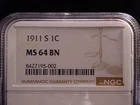 1911-S Lincoln Cent NGC MS64 BN
