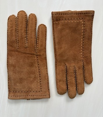 Vtg Womens Whipstitch Suede Brown Cognac Driving Gloves Size 6.5 Made in Hungary