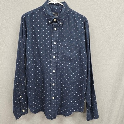 Abercrombie & Fitch Mens Navy Blue 100% Linen Embroidered Star Shirt Medium M