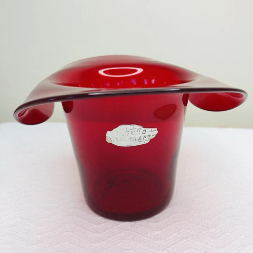 GLASS BLENKO HAND BLOWN RUBY RED COWBOY HAT ICE BUCKET 5 1/2" w/ STICKER Estate