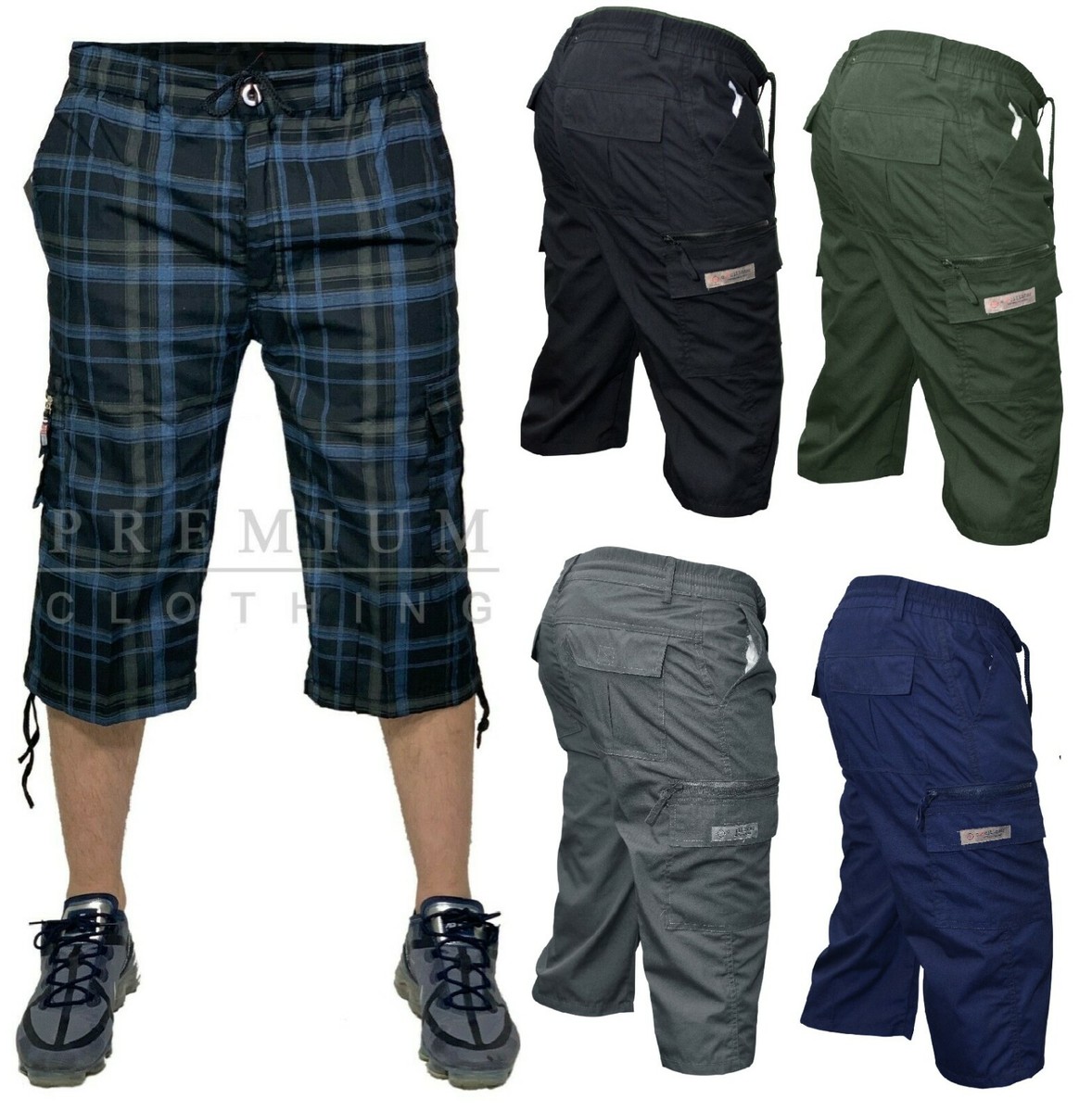 New Mens 3/4 Long Length Shorts Elasticated Waist Cargo