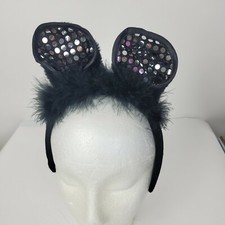 Mouse Ears Headband Black Fur Silver Polka Dot Halloween Costume